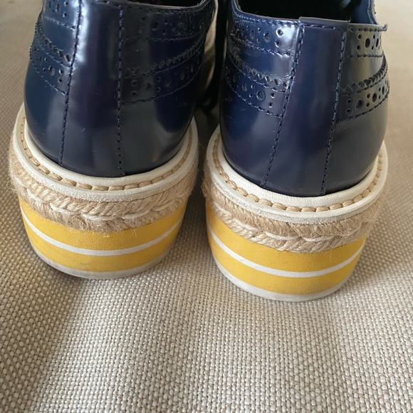 PRADA NAVY PATENT LEATHER YELLOW MICROSOLE PLATFORM ESPADRILLE BROGUES - Picture 6 of 11